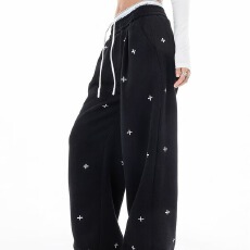 批发美式复古十字满印休闲裤<b class='q'>男</b>秋冬季百搭直筒简约阔腿宽松运动卫<b class='q'>裤子</b>