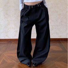 批发2026美式复古条纹褶皱弯刀西裤<b class='q'>男</b>女cleanfit廓形高级感休闲<b class='q'>裤子</b>