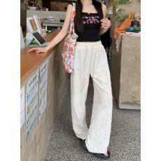 批发【有内衬】夏爆款<b class='q'>高腰</b>显瘦直筒休闲长裤杏色烫钻破洞阔腿裤女