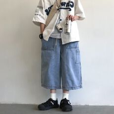 批发夏季款工装裤男潮牌潮流宽松直筒休闲<b class='q'>七分裤</b>子松紧腰阔腿牛仔裤