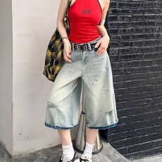 批发高个子复古破洞牛仔短裤<b class='q'>女</b>夏季新款高腰显瘦宽松七分直筒阔腿裤子