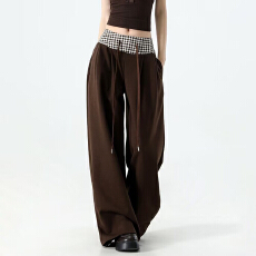 批发日系复古宽松直筒休闲<b class='q'>长裤</b>松紧腰卡扣腰带廓形垂坠感西裤百搭