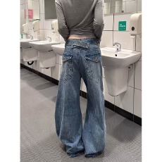 批发美式复古巴黎扣设计竹节牛仔裤<b class='q'>男</b>女水洗直筒宽松百搭长<b class='q'>裤子</b>