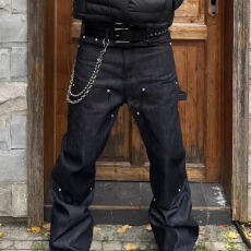 批发高街美式潮牌工装牛仔裤<b class='q'>男</b>黑色痞帅宽松vibe风微喇拉链设计感<b class='q'>裤子</b>