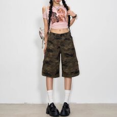 批发美式复古迷彩工装<b class='q'>牛仔</b><b class='q'>短裤</b>女夏季多口袋宽松显瘦直筒阔腿五分裤子