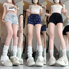 批发6535鱼鳞 翘臀神裤设计感印花运动休闲裤夏季<b class='q'>松紧</b>腰抽绳直筒短裤