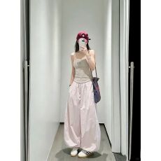 批发好质量 宋<b class='q'>雨</b>琪同款粉色条纹阔腿运动裤女夏季宽松显瘦垂感速干裤