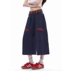批发复古拼接腰头运动裤女潮流<b class='q'>松紧</b>腰高级感百搭宽松阔腿裤休闲七分裤