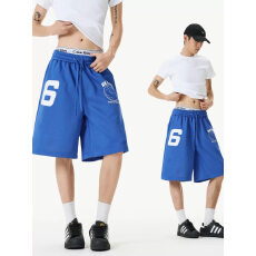 批发美式慵懒做旧字母印花阔腿七分裤男女宽松休闲运动风<b class='q'>松紧</b>腰短裤