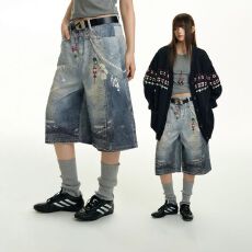 批发满印挂饰潮乐汇阔腿七分<b class='q'>牛仔</b>裤夏季设计直筒中裤<b class='q'>男</b>女街头宽松<b class='q'>短裤</b>