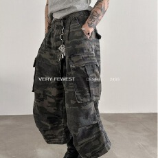 批发褶皱迷彩七分<b class='q'>牛仔</b>裤<b class='q'>男</b>款夏季美式大口袋工装<b class='q'>短裤</b>宽松直筒阔腿裤子