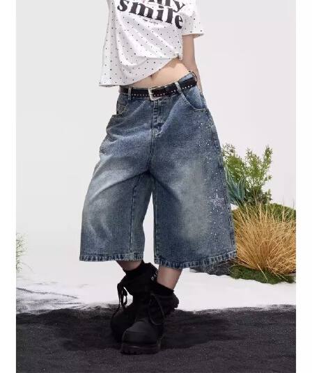 2026 여름 아메리칸 레트로 워싱 넓은 다리 7 점 청바지 남녀 바지 골드 징 같은 단락 캐주얼 반바지