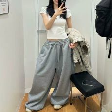 批发网红ins复古慵懒风阔腿宽松休闲卫裤秋<b class='q'>冬</b>款百搭加绒运动拖地长裤