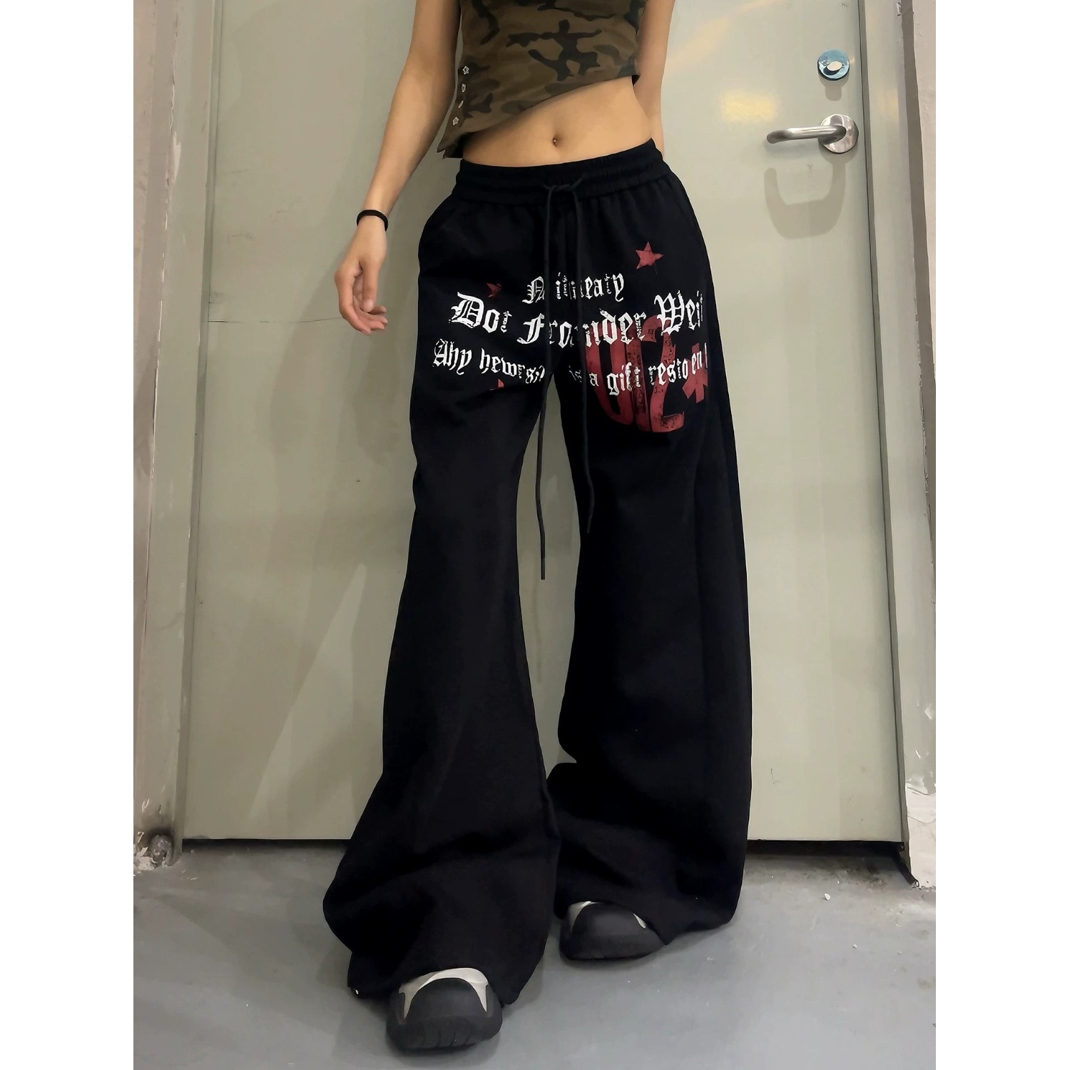 아메리칸 거리 별 알파벳 프린트 밴딩 캐주얼 모통이 칼 바지 남녀 루즈핏 춤추기 운동 넓은 다리 길이 바지