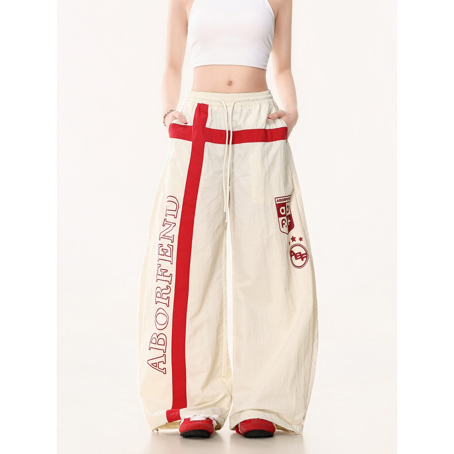 아메리칸 배색 십자가 프린트 펌프 로프 워크웨어 캐주얼 바지 여자 봄 디자인 센스 루즈핏 와이드 레그 팬츠