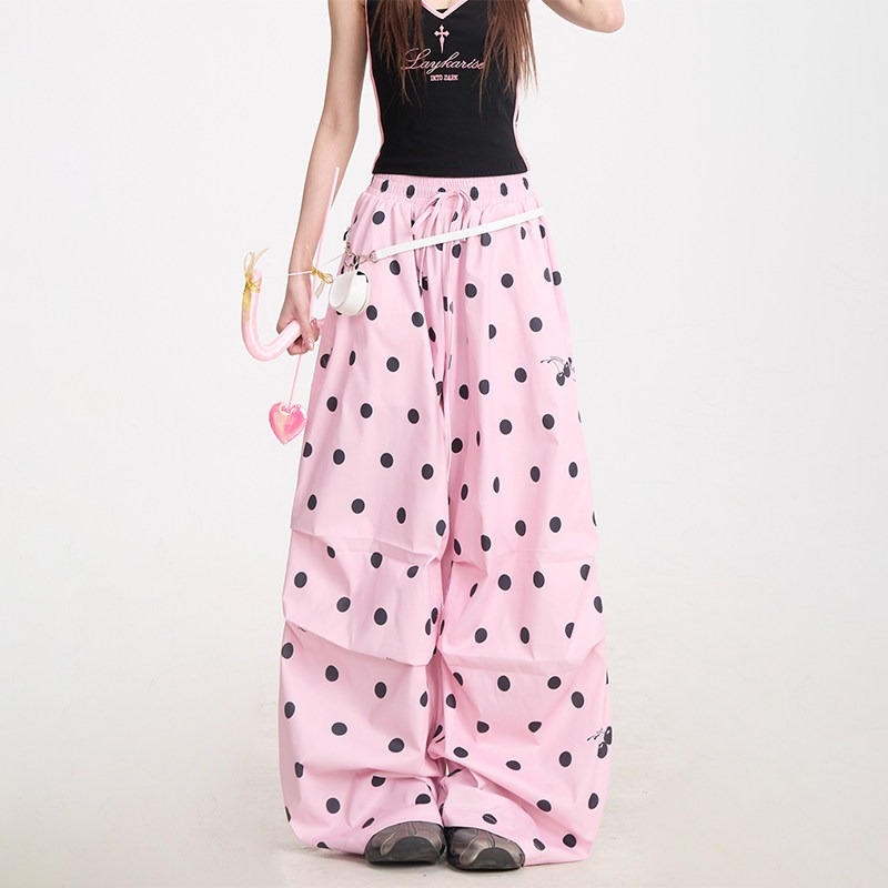 레트로 전체 인쇄 도트 무늬 바지 아이들 아메리칸 주름 루즈핏 와이드 레그 팬츠 봄 여름 루즈핏 캐주얼 바지