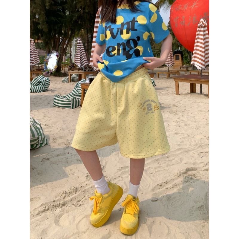 아메리칸 레트로 전체 인쇄 도트 무늬 허리밴드 넓은 다리 오부 바지 남녀 2026 여름 루즈핏 캐주얼 다용도 반바지