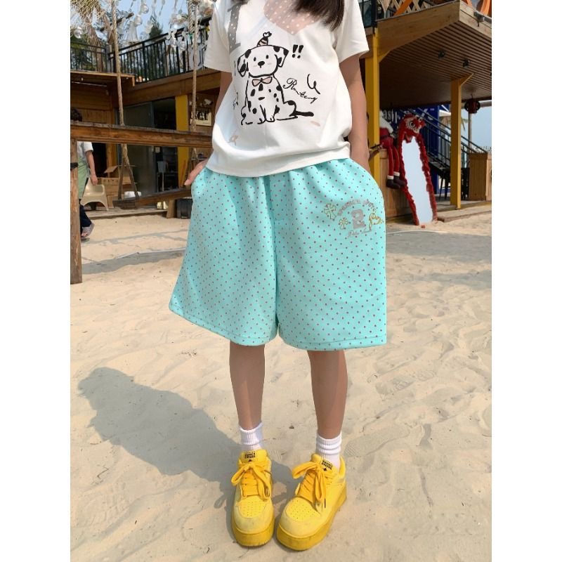 아메리칸 레트로 전체 인쇄 도트 무늬 허리밴드 넓은 다리 오부 바지 남녀 2026 여름 루즈핏 캐주얼 다용도 반바지