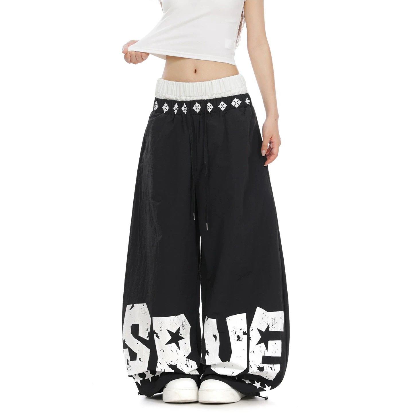 아메리칸 조수 브랜드 별 알파벳 프린트 모통이 칼 낙하산 병 바지 남자 여성 더블 허리 머리 배색 와이드 레그 팬츠