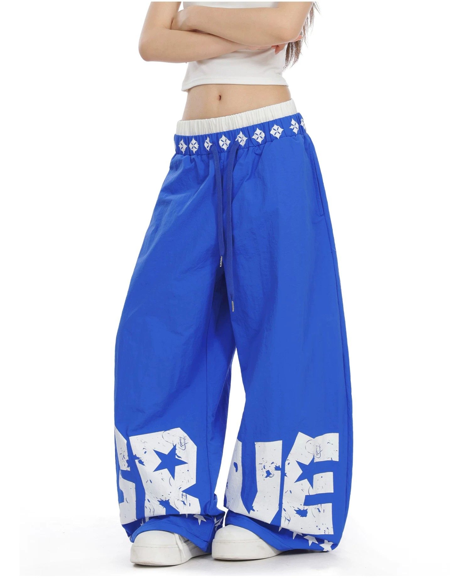 아메리칸 조수 브랜드 별 알파벳 프린트 모통이 칼 낙하산 병 바지 남자 여성 더블 허리 머리 배색 와이드 레그 팬츠