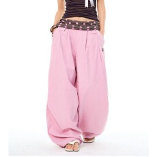 批发粉色休闲裤多巴胺穿搭设计感时尚辣妹波点拼接假两件阔腿裤