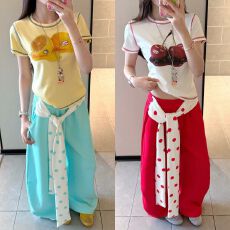 批发好质量 原版起版 少女风绑带阔腿裤女显瘦宽松波点拼接休闲长裤