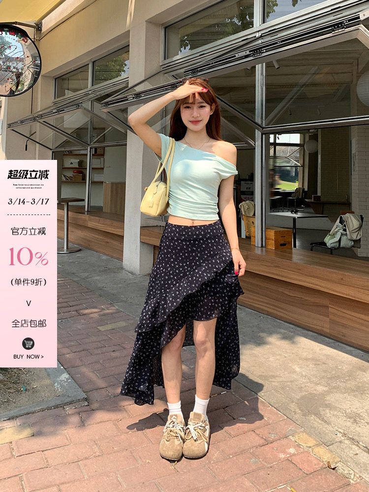검정색 불규칙 꽃무늬 반신 스커트 여성 여름 프랑스식 달콤한 차가운 하이웨이스트 슬림해 보이는 한 마디 중간 길이 치마