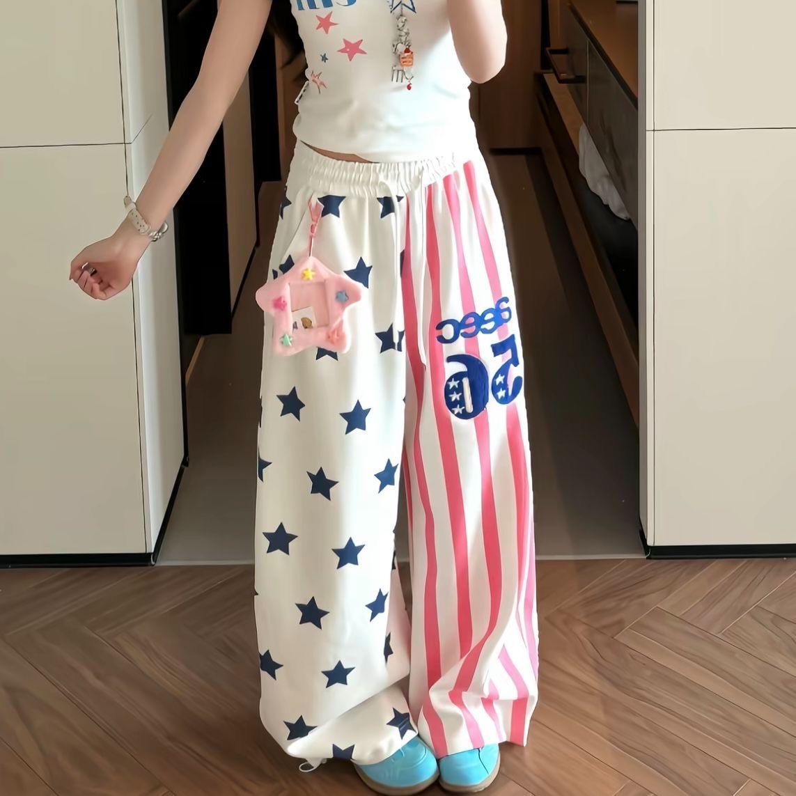 없음 펜던트 후아 면 복합 여름 전체 인쇄 별 루즈핏 와이드 레그 팬츠 다용도 운동 바지