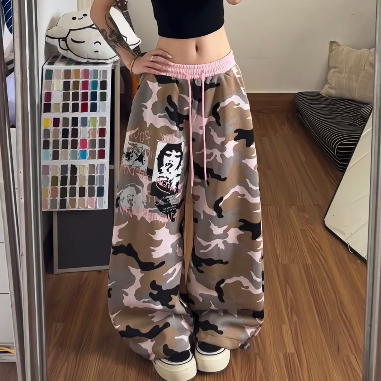 후아 면 복합 카모플라주 배색 모통이 칼 넓은 다리 웨이 바지 루즈핏 펌프 로프 캐주얼 바닥 청소 바지
