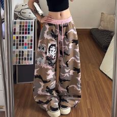 批发【华棉复合】迷彩撞色弯刀阔腿卫裤宽松抽绳休闲拖地裤