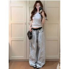 批发韩系蓝色条纹休闲裤女夏季设计感显瘦宽松慵懒风运动阔腿裤长裤子