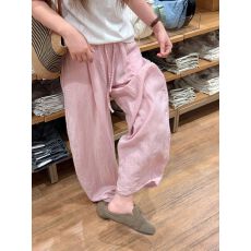 批发粉色亚麻裤女夏日轻薄凉快裤子大码胖mm显瘦棉麻阔腿裤冰丝弯刀裤
