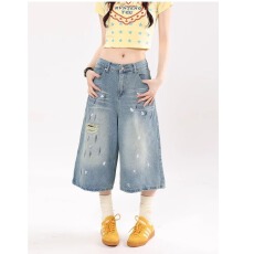 批发美式复古泼墨脏染<b class='q'>牛仔</b>七分裤女夏季新款宽松百搭直筒阔腿<b class='q'>短裤</b>