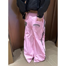 批发美式复古两杠波点字母刺绣抽绳阔腿裤<b class='q'>男</b>女宽松休闲直筒<b class='q'>长裤</b>