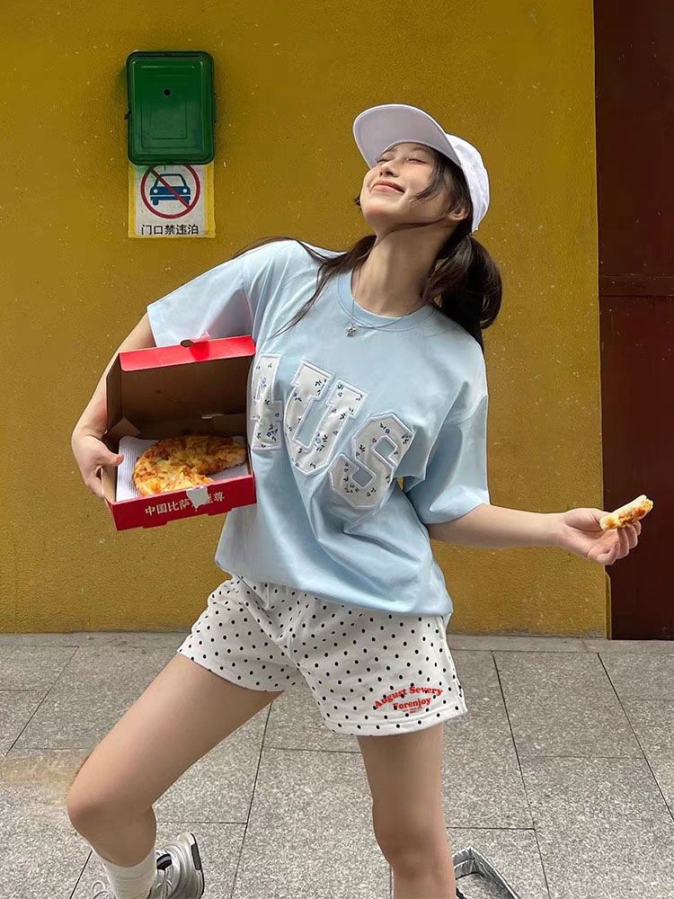 2026 여름 얇은 스타일 아메리칸 레트로 캠퍼스 바람 슬로건 도트 무늬 여성 ins 트렌디 몸매 가꾸기 캐주얼 반바지