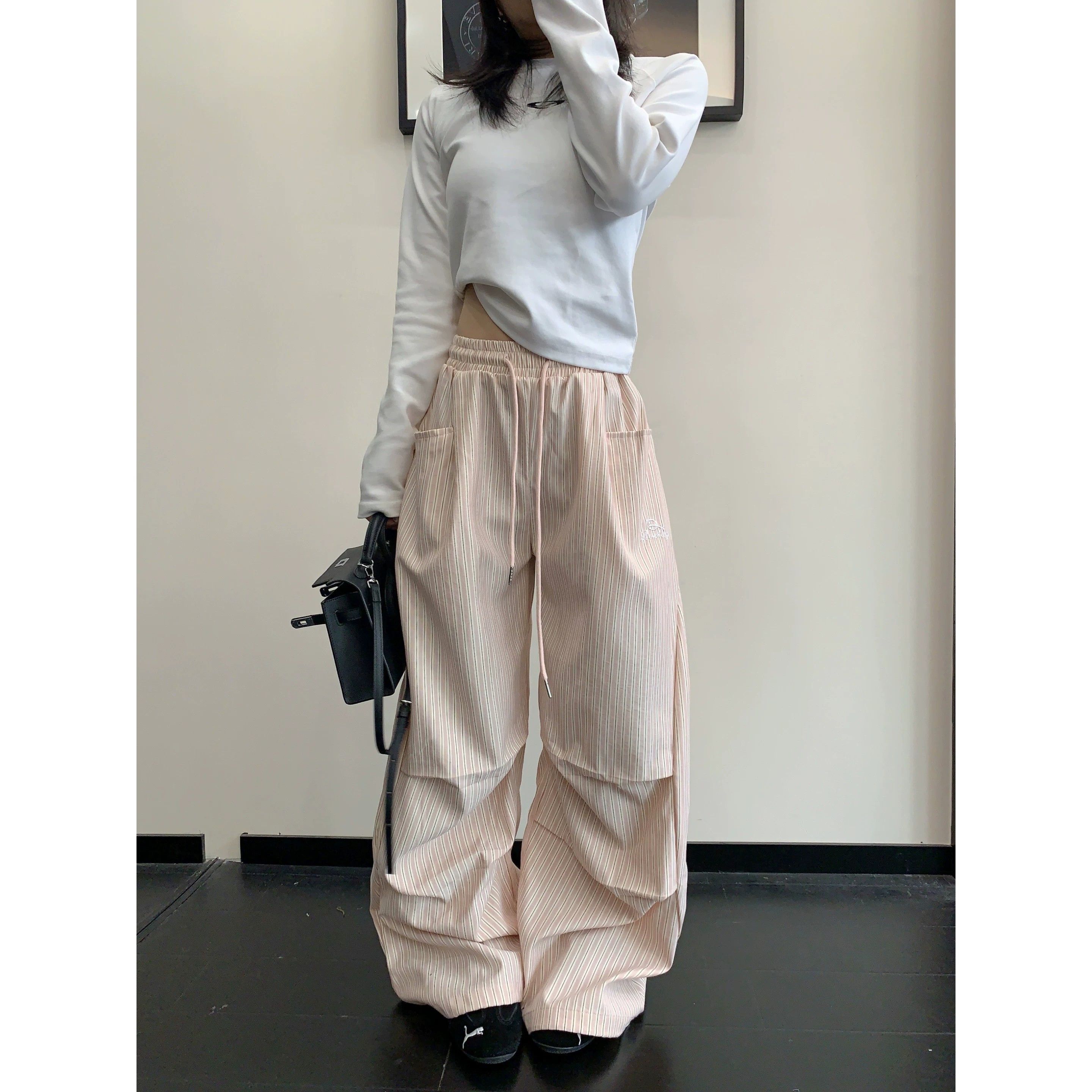 여름 느슨함 센스 느긋한 얇은 스타일 스트라이프 와이드 레그 팬츠 한 여성 chic 고급 센스 루즈핏 스트레이트 캐주얼 바지 긴 바지