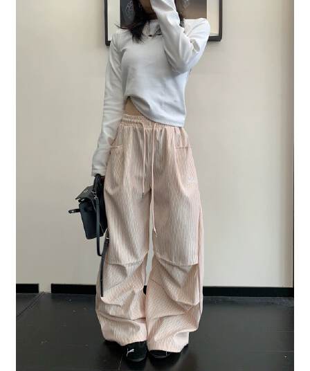 여름 느슨함 센스 느긋한 얇은 스타일 스트라이프 와이드 레그 팬츠 한 여성 chic 고급 센스 루즈핏 스트레이트 캐주얼 바지 긴 바지