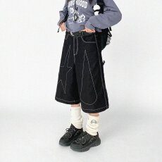 批发美式复古解构明线多口袋工装短裤男<b class='q'>女</b>设计感阔腿裤牛仔<b class='q'>七分裤</b>潮牌