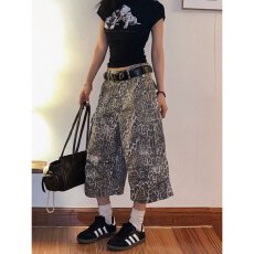 批发美式复古豹纹工装七分裤男<b class='q'>女</b>宽松直筒口袋设计短裤休闲裤