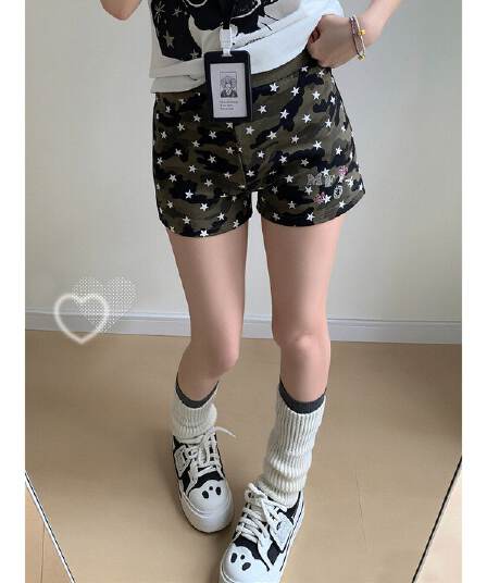 핫픽스 별 프린트 카모플라주 초단바지 귀여운 핫 바지 다용도 여름 운동 바지