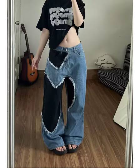 아메리칸 레트로 넓은 다리 워크웨어 청바지 여름 높음 거리 작은 대중 디자인 센스 스트레이트 루즈핏 슬림해 보이는 바닥 청소 바지