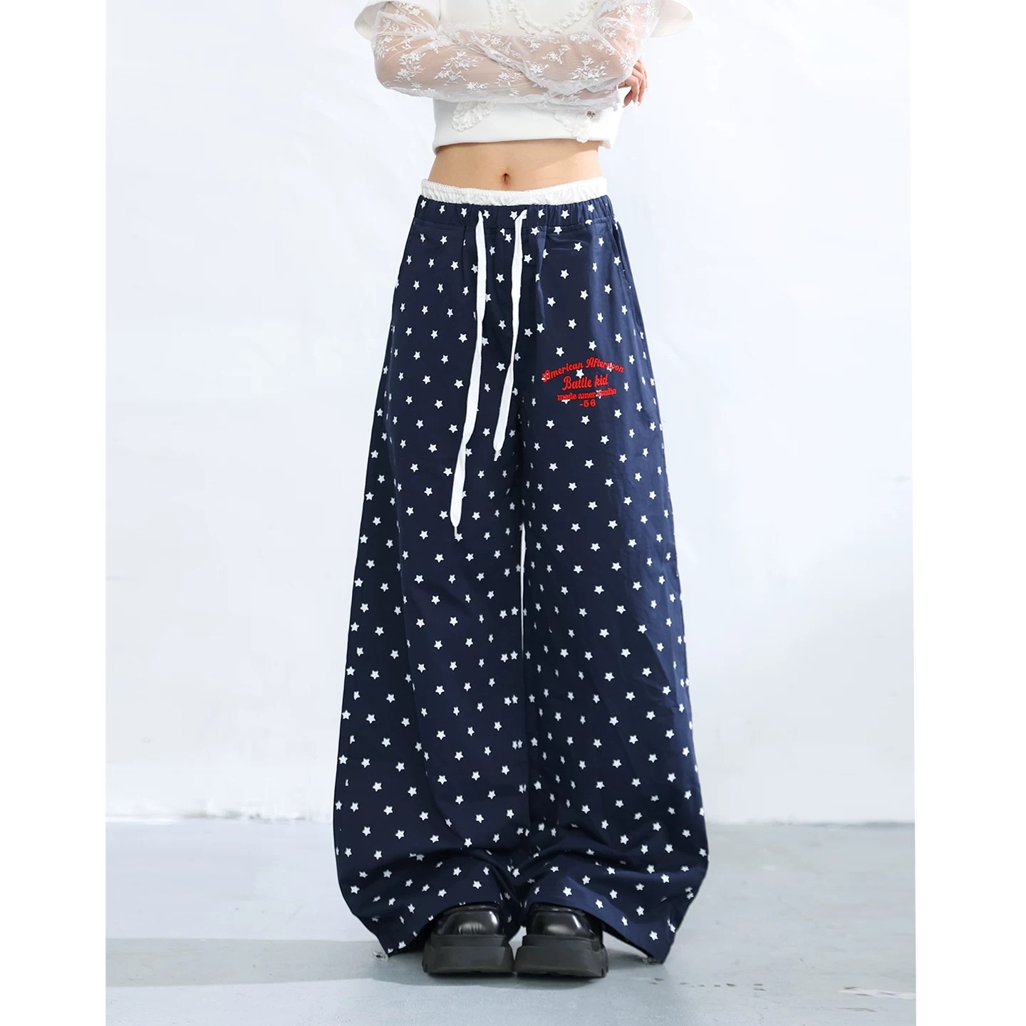 아메리칸 별 도트 무늬 캐주얼 바지 더블 허리 머리 자수 루즈핏 슬림해 보이는 다용도 넓은 다리 디자인 센스 긴 바지