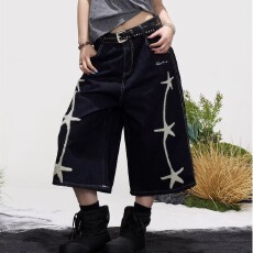 批发趣味刺绣高街牛仔裤<b class='q'>七分裤</b><b class='q'>男</b>女夏季新款宽松休闲直筒阔腿<b class='q'>短裤</b>