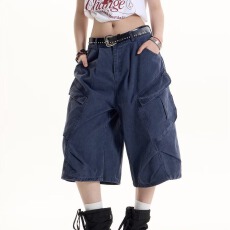 批发美式复古褶皱多口袋<b class='q'>七分裤</b><b class='q'>男</b>女夏季宽松休闲阔腿工装裤牛仔<b class='q'>短裤</b>潮