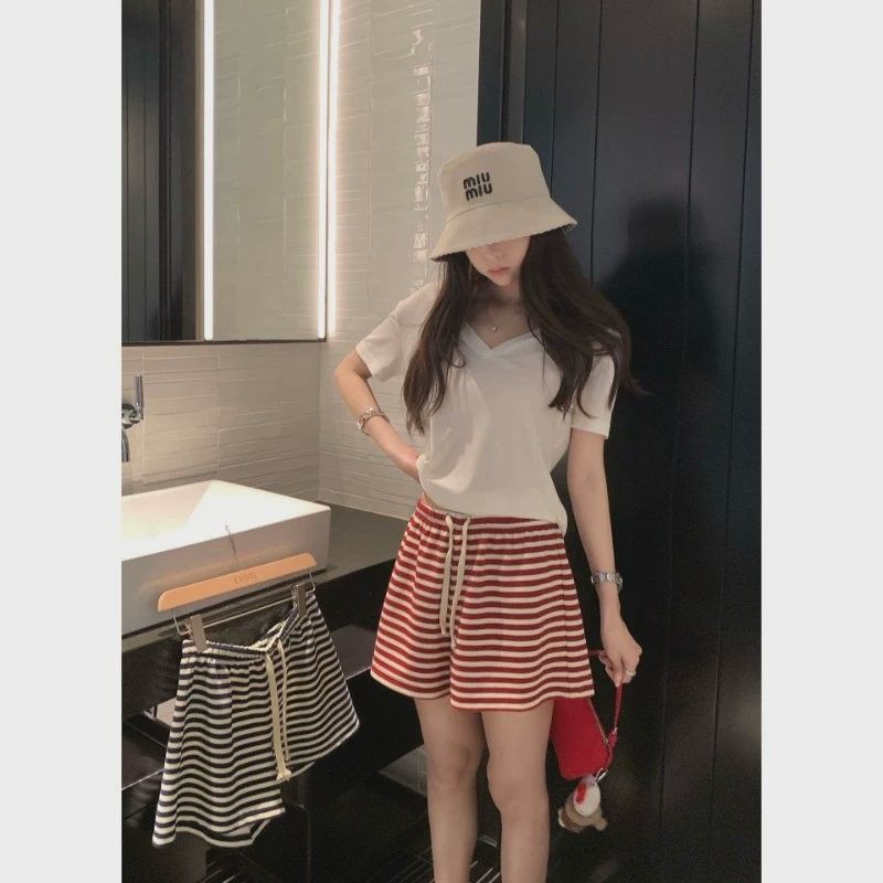 98 폴리에스터 2 암모니아 Lun 후아 남편 그리드 스트라이프 반바지 여성 여름 새로운 루즈핏 다용도 캐주얼 배색 질감 센스