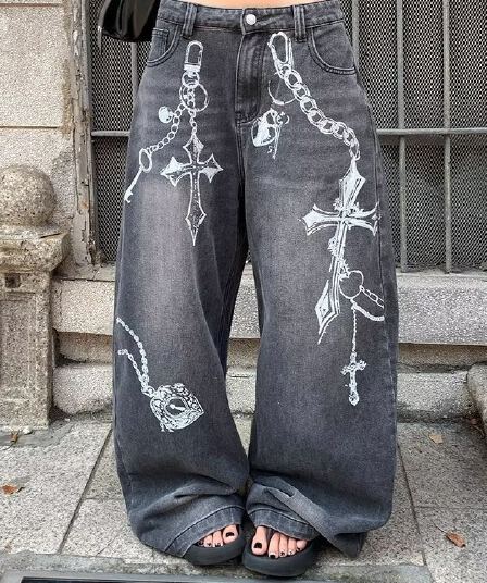 아메리칸 높음 거리 작은 대중 디자인 센스 번개 자수 청바지 남녀 루즈핏 스트레이트 거리 캐주얼 바지