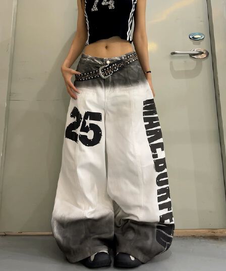 아메리칸 거리 디자인 센스 워싱 그라데이션 마 오래된 알파벳 잉크젯 청바지 남녀 baggy 루즈핏 모통이 칼 바지