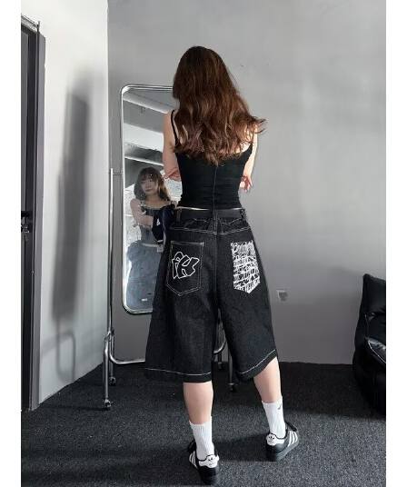 아메리칸 높음 거리 자수 데님 반바지 남녀 여름 디자인 센스 루즈핏 캐주얼 넓은 다리 7부 바지