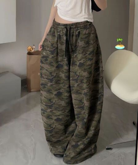 여름 새로운 아메리칸 레트로 하이웨이스트 루즈핏 와이드 레그 팬츠 도루 센스 허리밴드 카모플라주 바지 캐주얼 바지 여성
