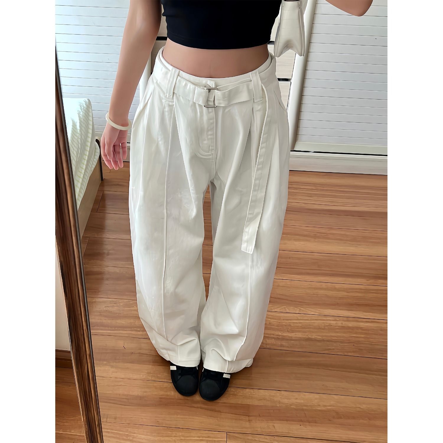 레트로 cleanfit 해체 고급 센스 화이트 캐주얼 바지 여성 루즈핏 넓은 다리 vibe 다용도 바지